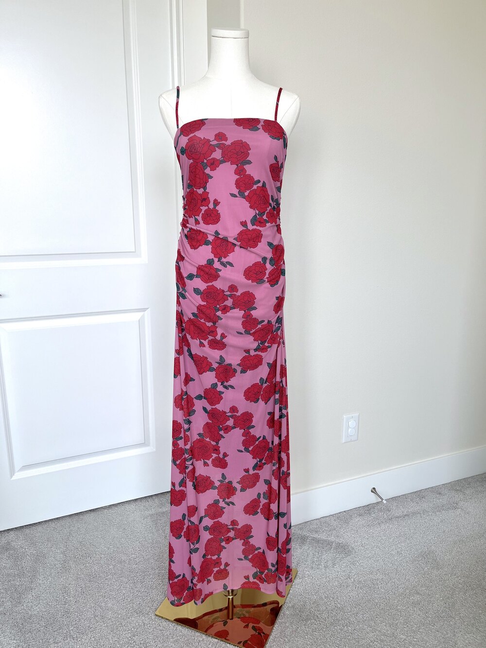 NWT WAYF Isabella Ruched Mesh Maxi Dress - Pink Roses